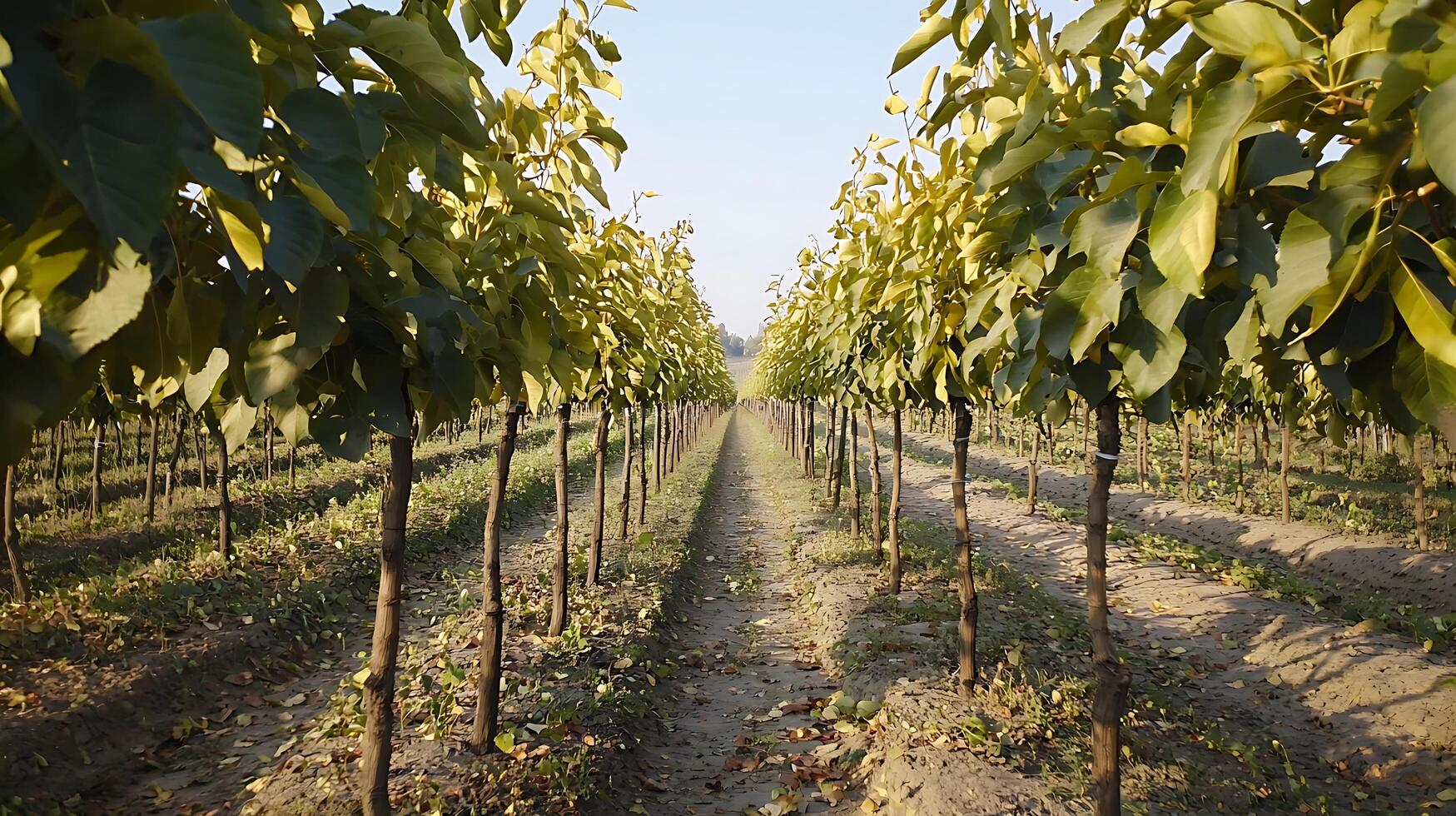 Rows of Young Trees Growing in a Sunny Orchard Landscape. photo