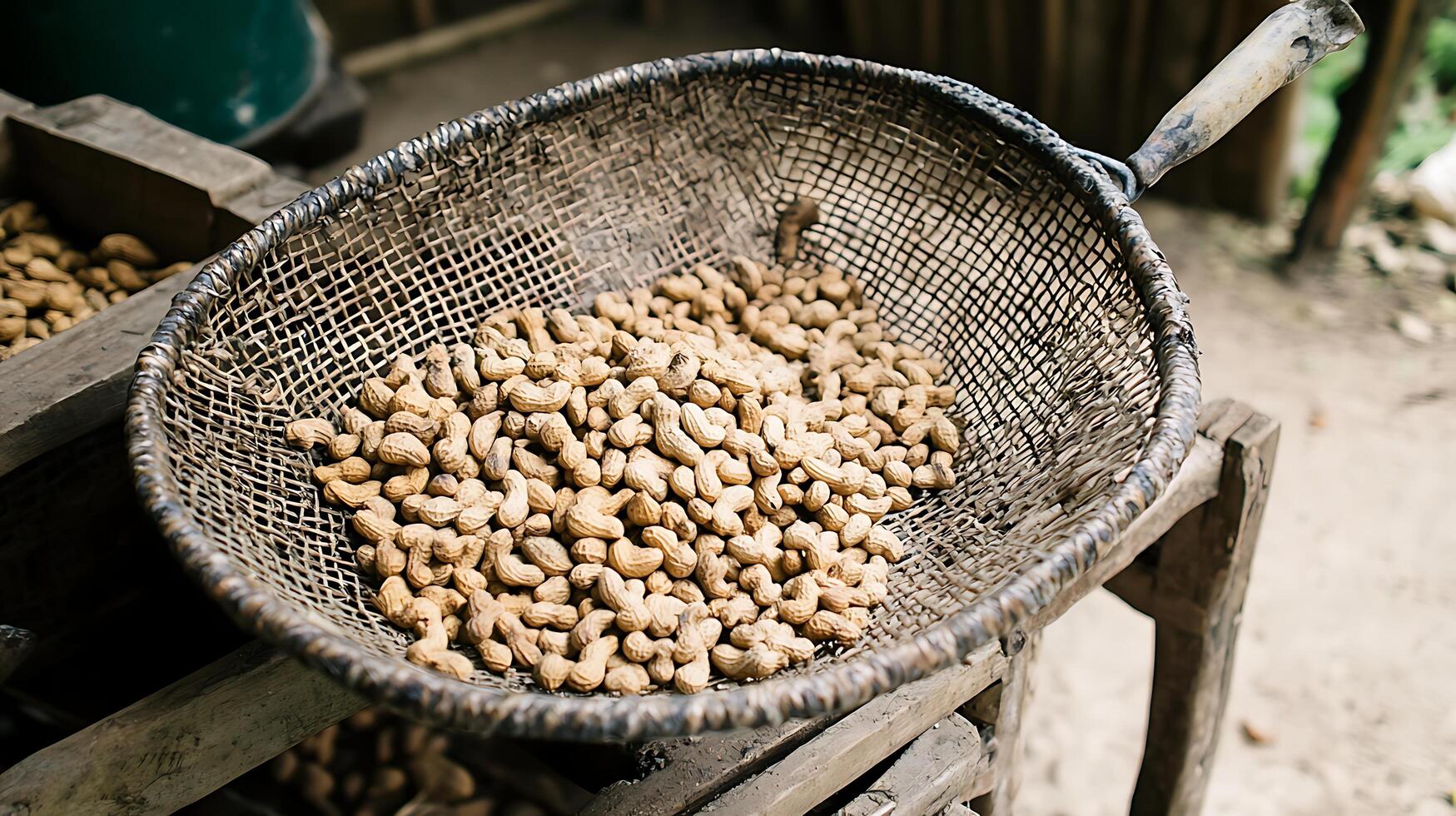 Rustic Harvest Fresh Peanuts in a Woven Basket Await Processing. photo