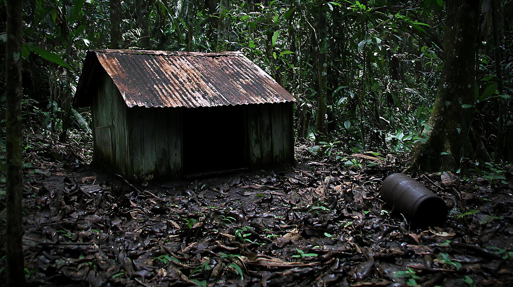 Abandoned Jungle Hut With Overgrown Foliage And Debris. photo