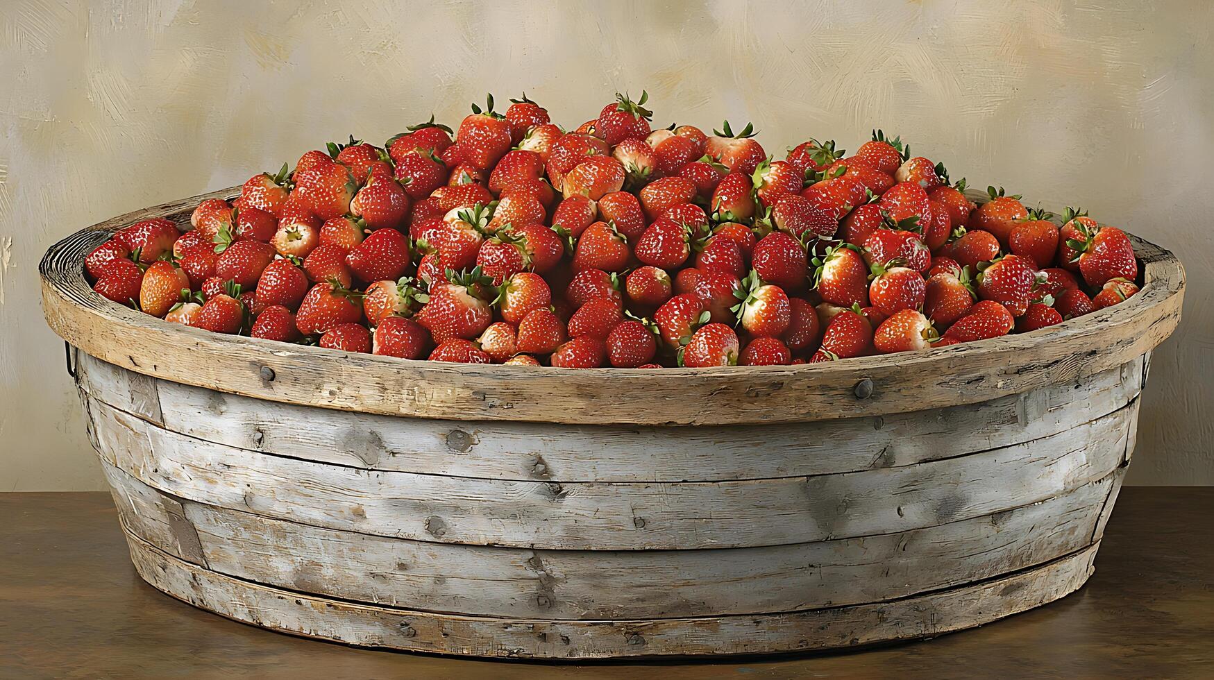 A Bucket Full of Fresh Ripe Strawberries Overflowing in a Rustic Container. photo
