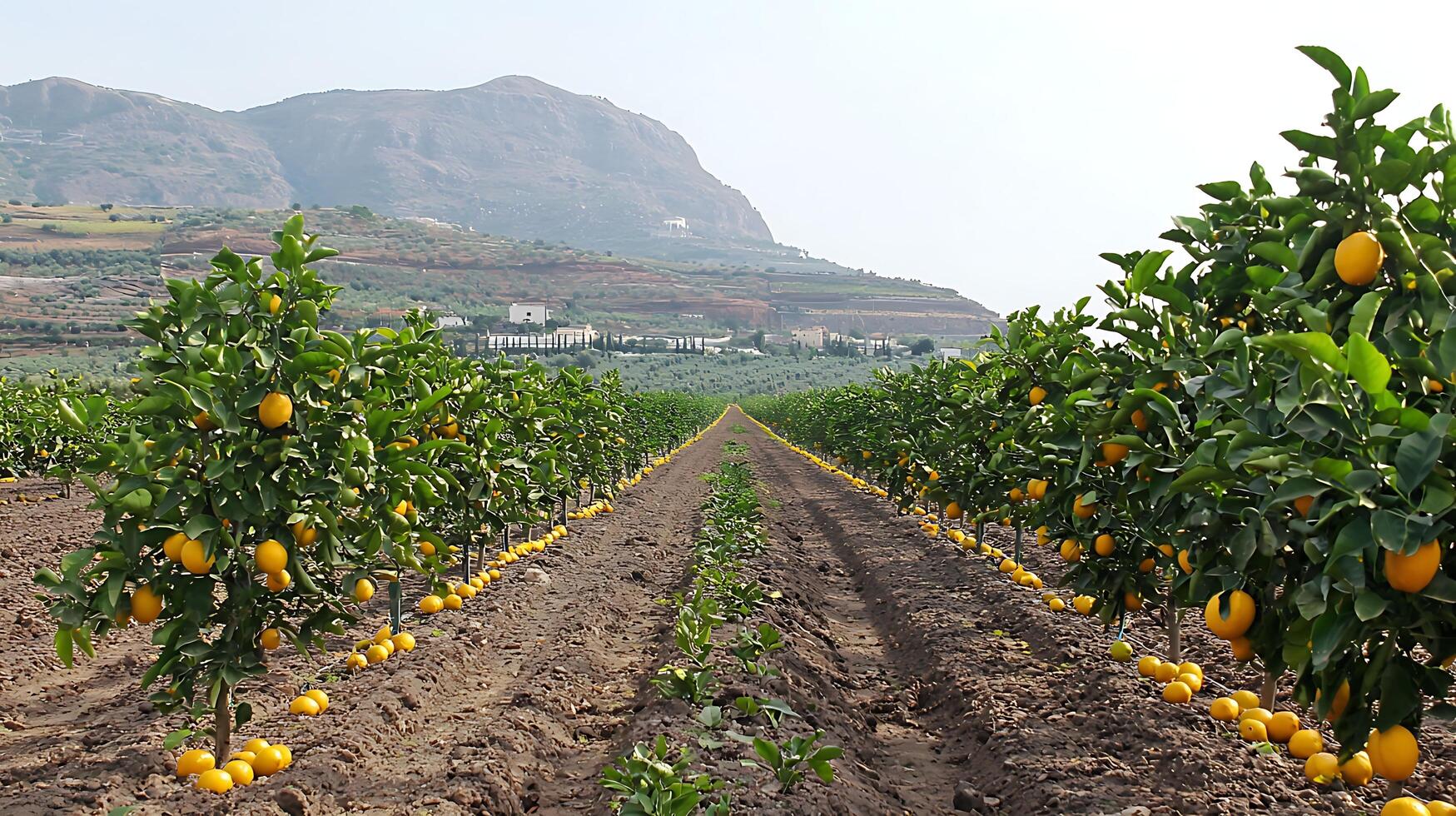 Rows of ripe lemons on trees in a sunny orchard with hills beyond. photo