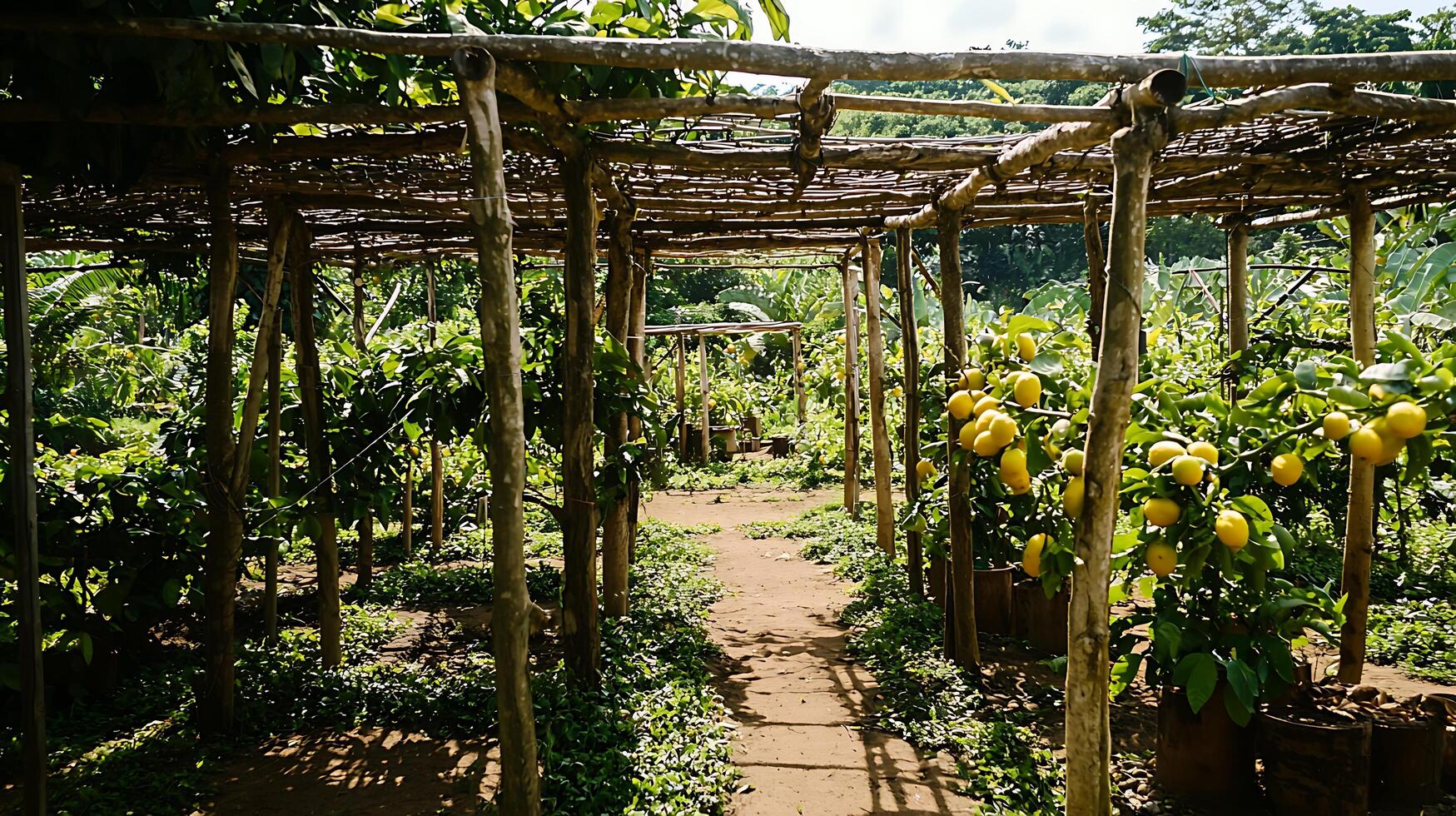 Sunny Lemon Grove with Rustic Canopy and Abundant Fruit. photo