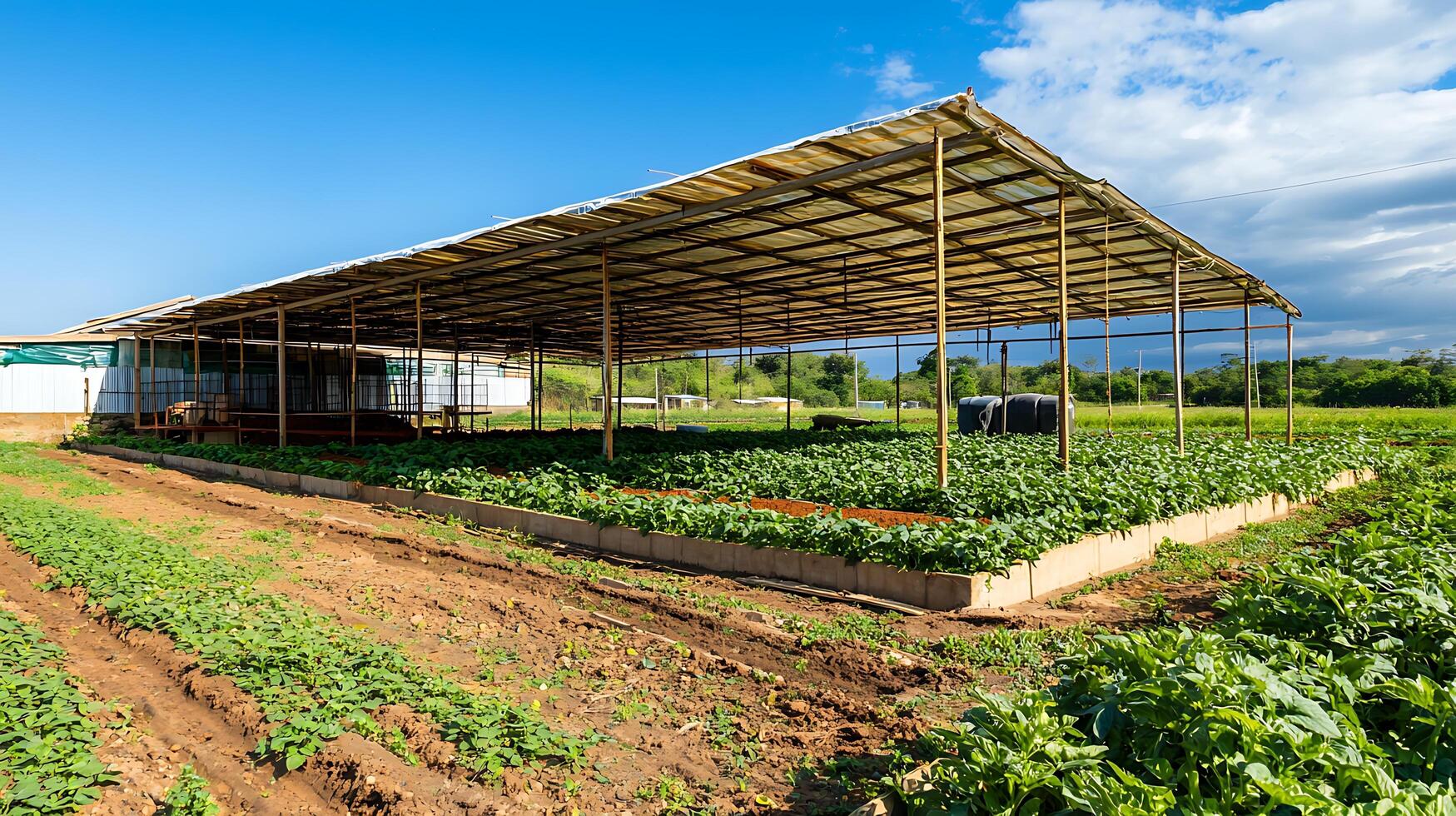 Rural Greenhouse Cultivating Green Crops Under Blue Sky. photo