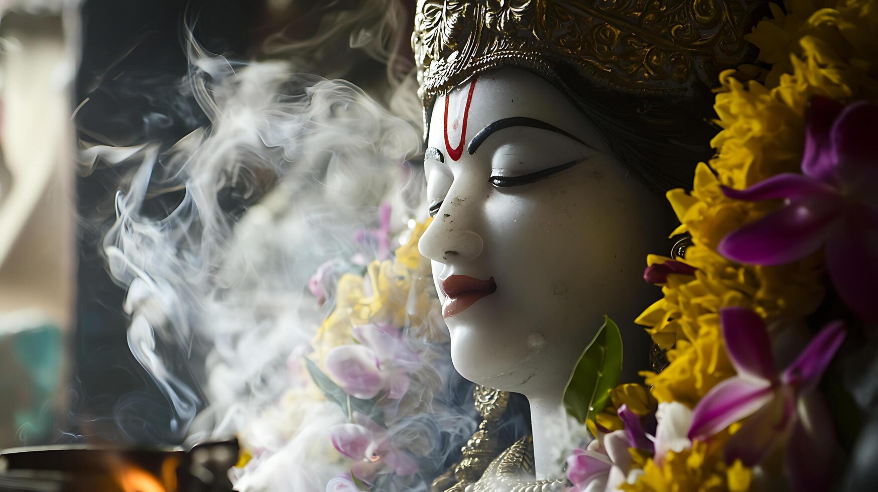 Serene Hindu Deity Statue Surrounded by Incense Smoke and Flowers. photo