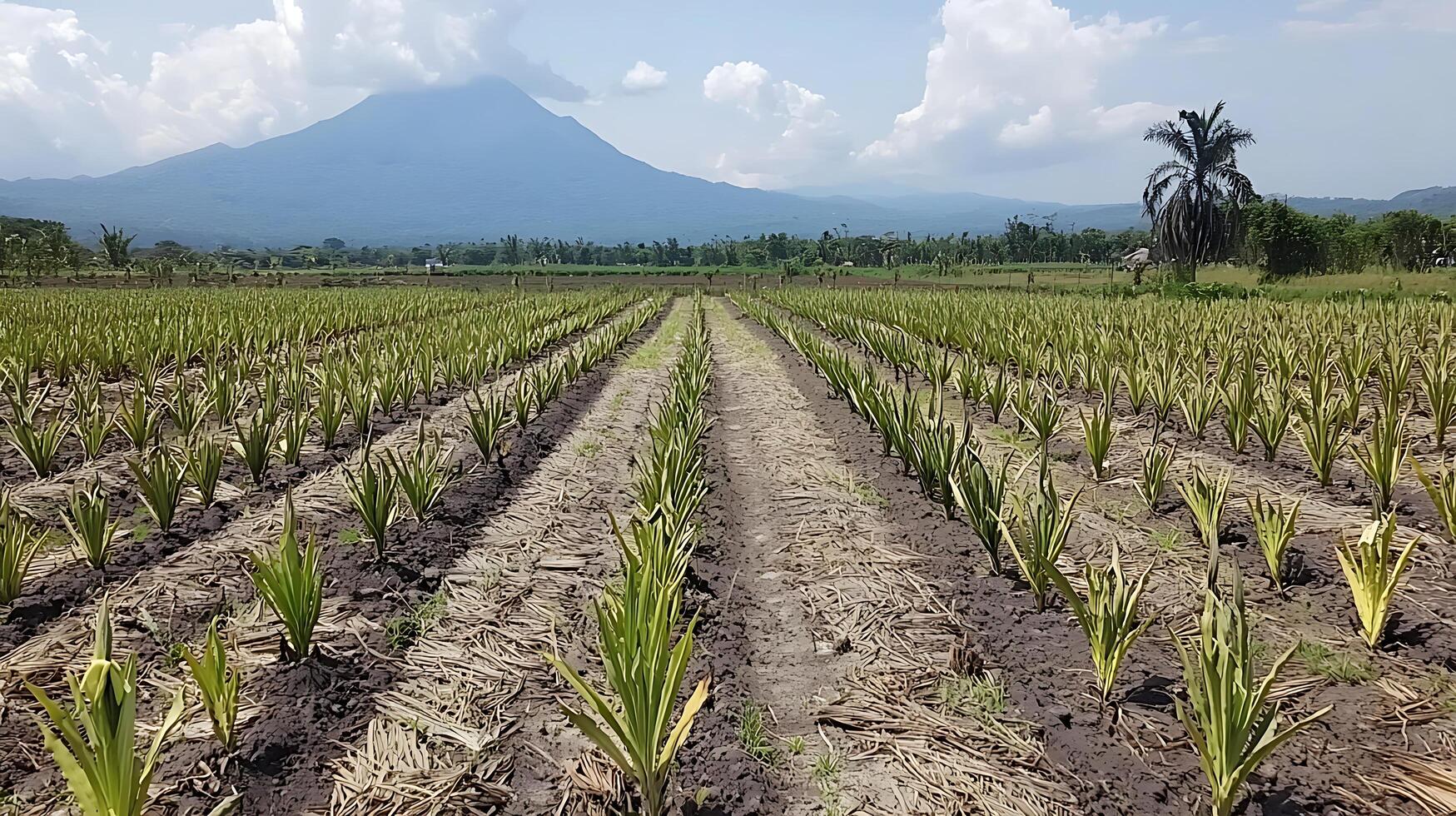 Lush Pineapple Field With Majestic Mountain and Palm Tree Backdrop. photo