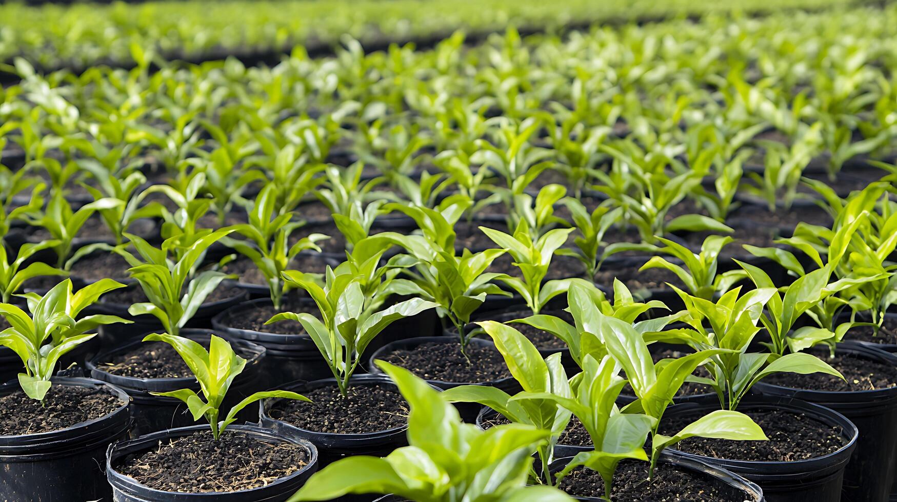 Rows of Young Plants Growing in Black Pots at a Greenhouse. photo