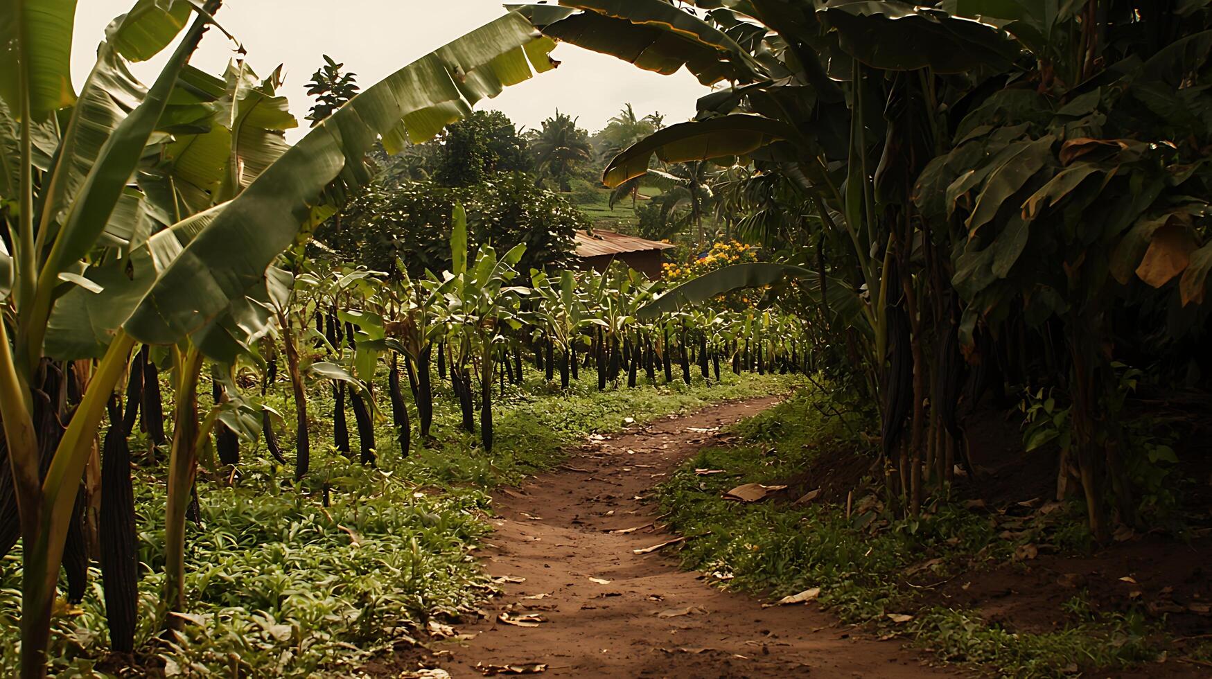 Journey Down a Tropical Path Lined With Banana Trees and Lush Greenery. photo