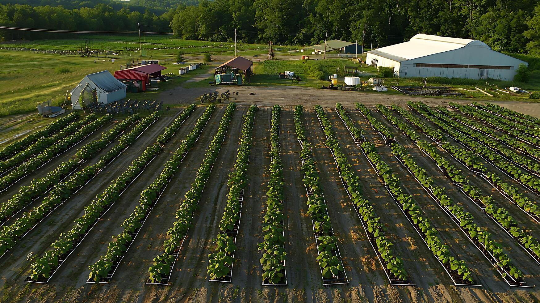 Rows of young plants growing on a farm with greenhouses and buildings. photo