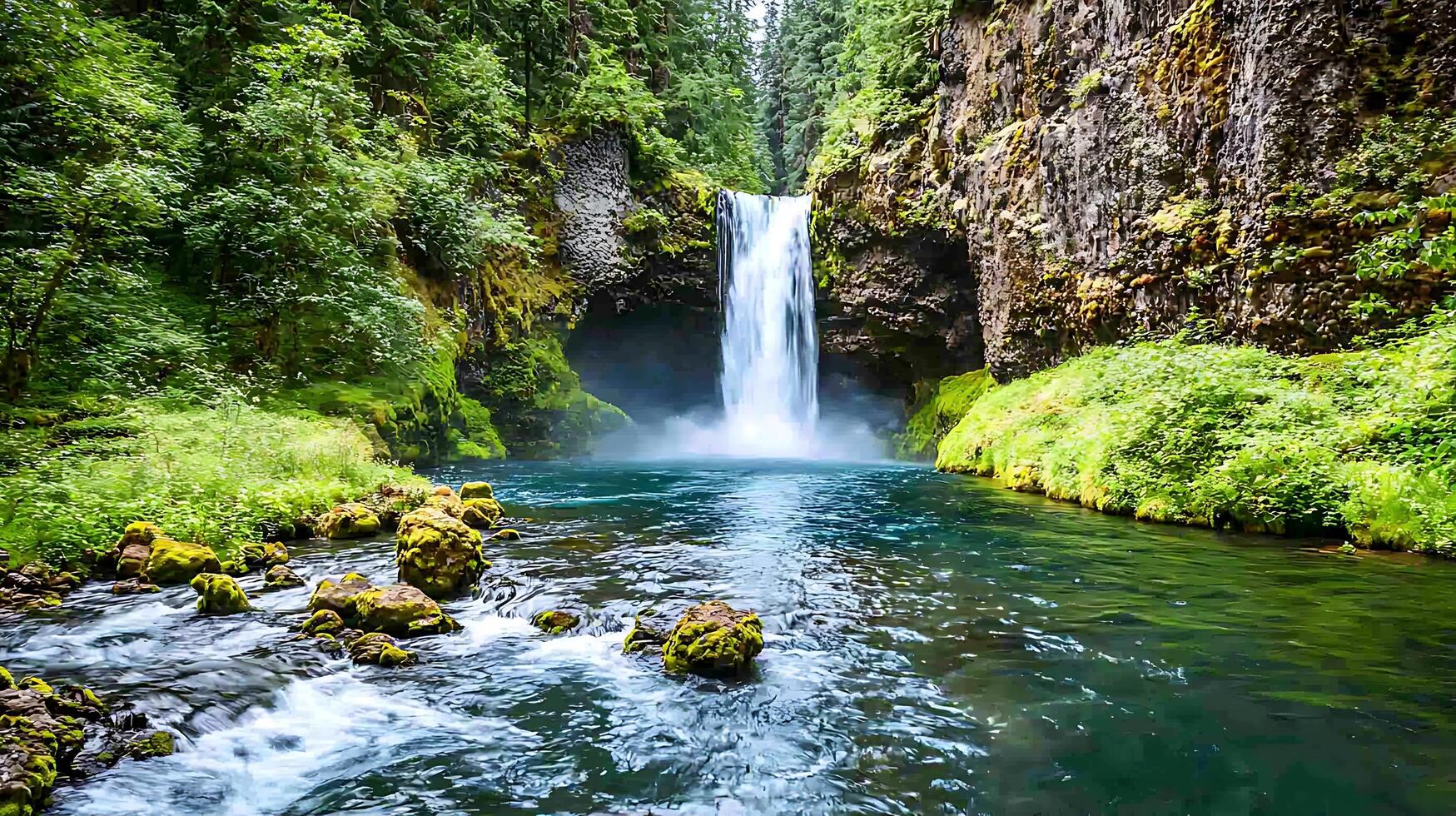 Majestic waterfall cascades into a clear blue lagoon surrounded by lush green forest. photo