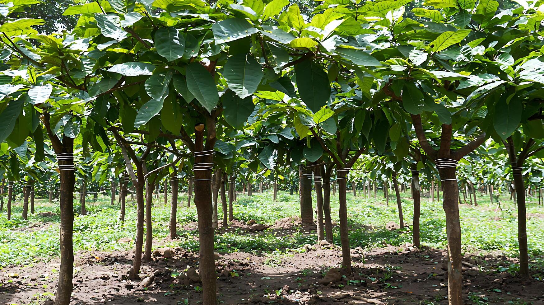 Rows of Young Trees with Bright Green Leaves in Sunlight. photo
