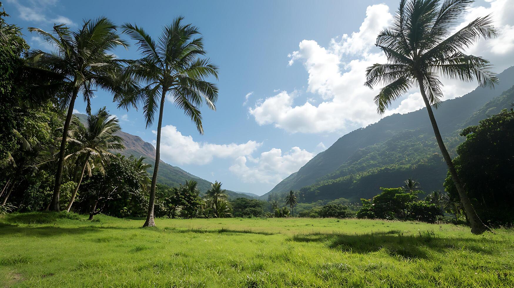Lush tropical valley with palm trees under a bright blue sky. photo
