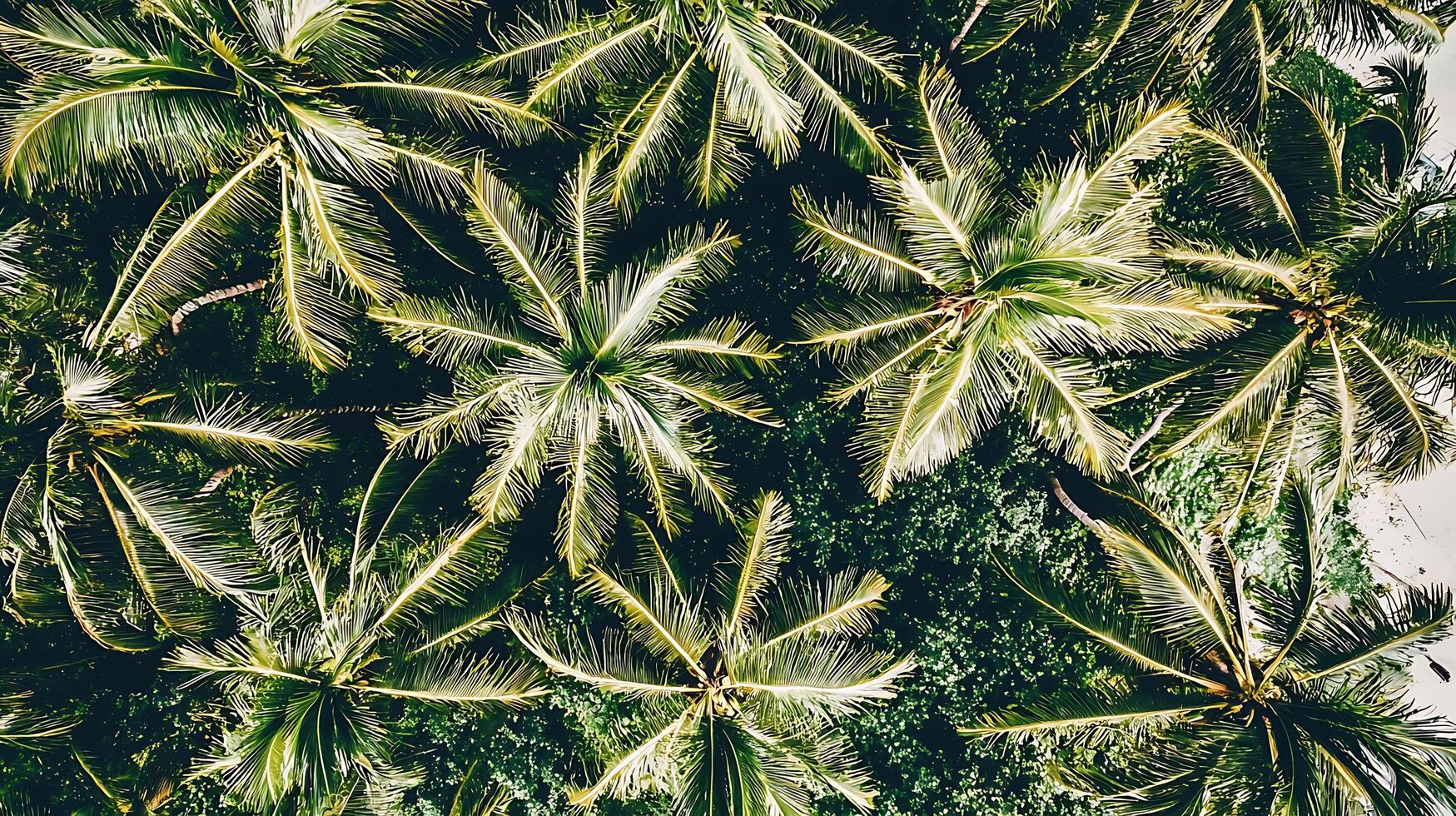 Lush green palm fronds create a tropical canopy overhead, seen from above. photo