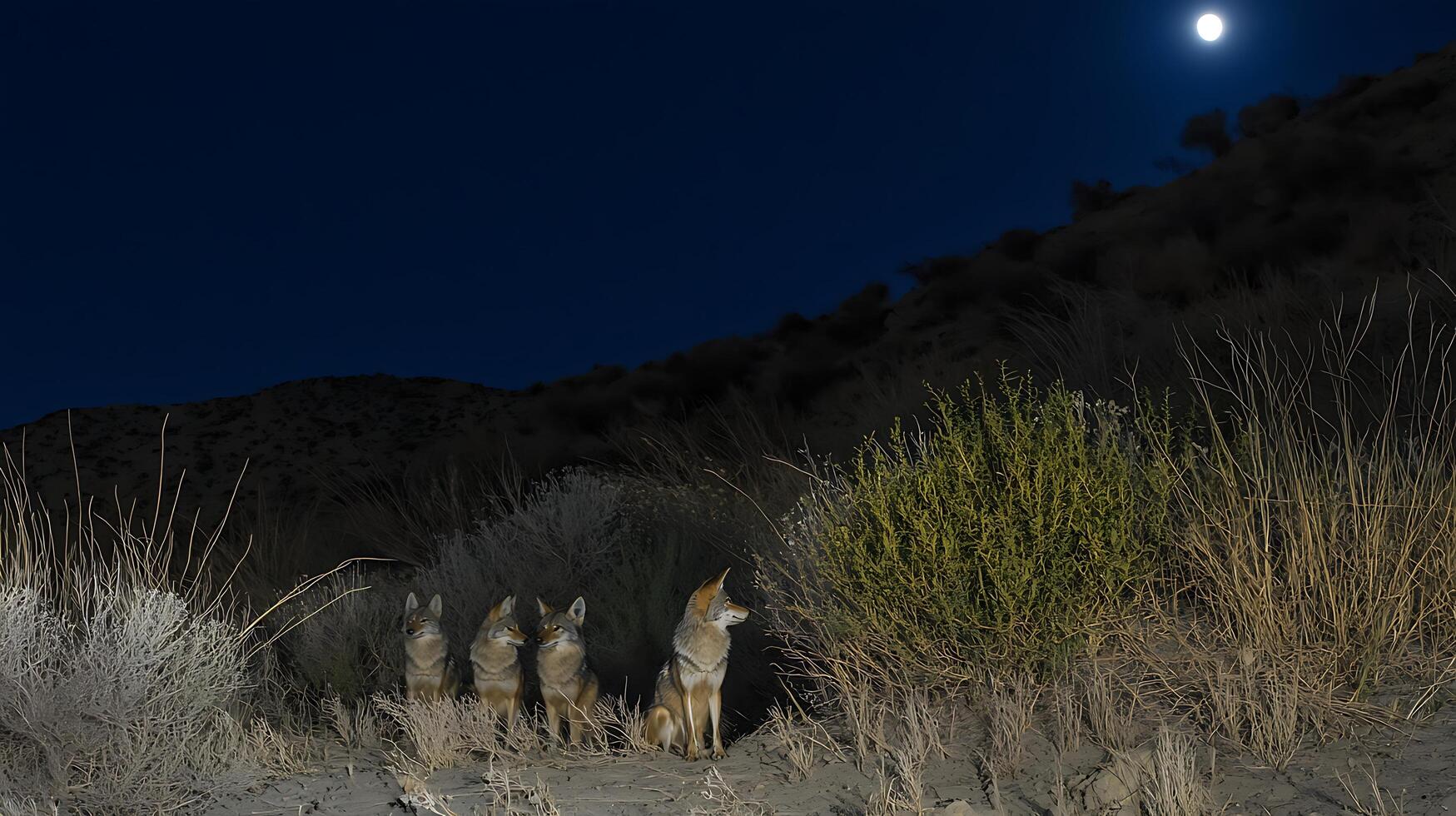 Four Coyotes Gather Under a Full Moon in the Desert at Night. photo