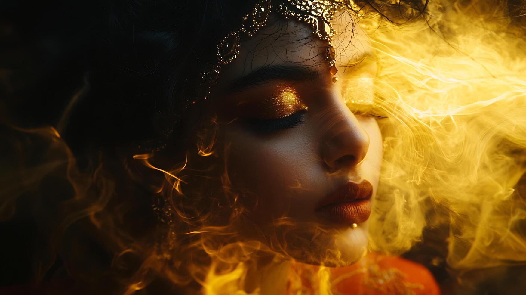 Ethereal Beauty Emerging from Golden Light and Smoke. photo