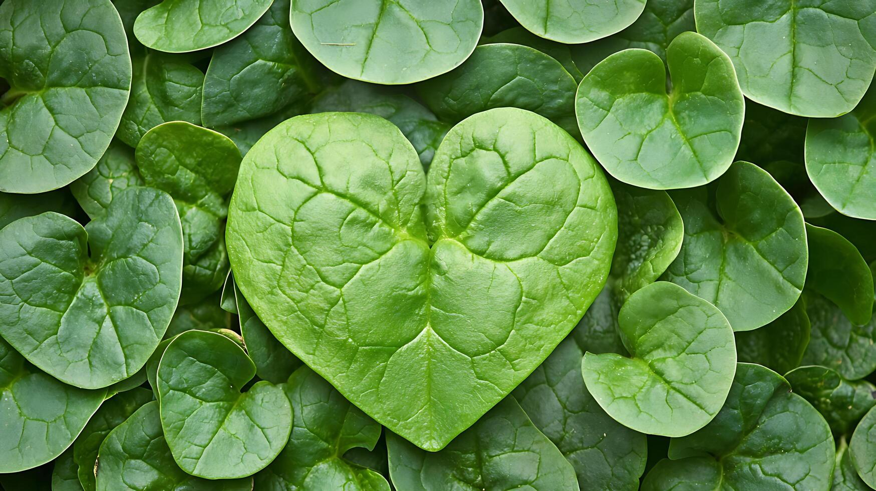 Heart Shaped Leaf Among Many Green Leaves Close Up. photo