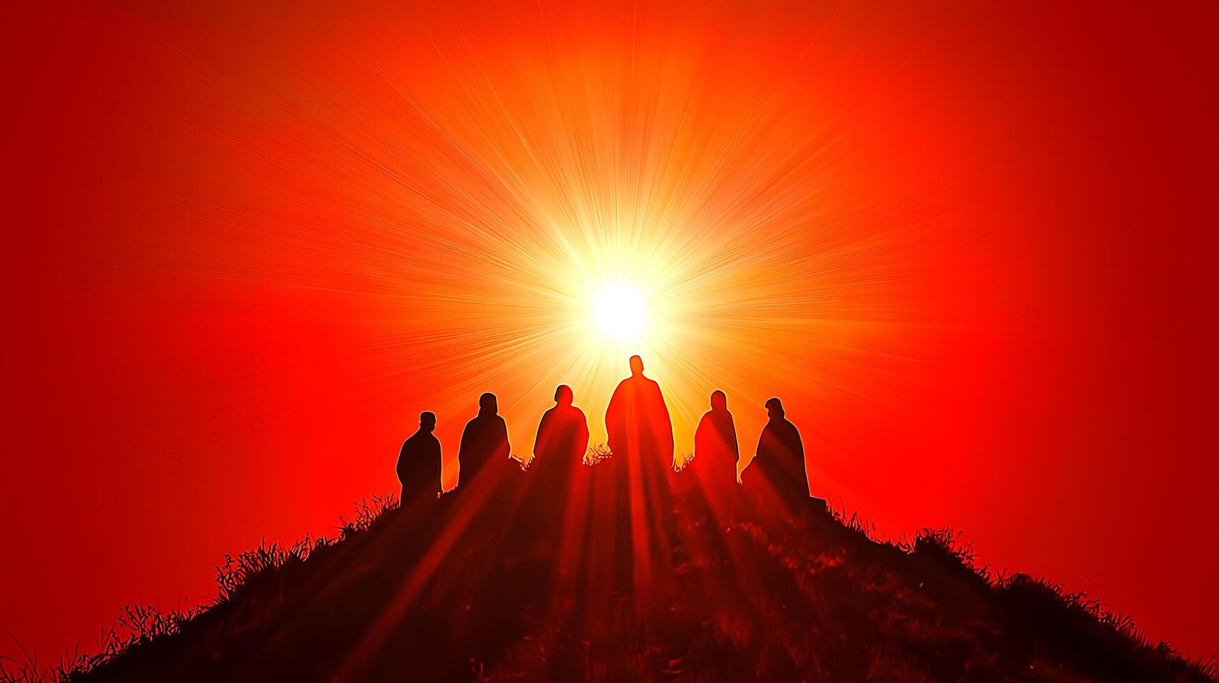 Silhouettes of People Gathered on a Hilltop Against a Dramatic Sunburst Sky. photo