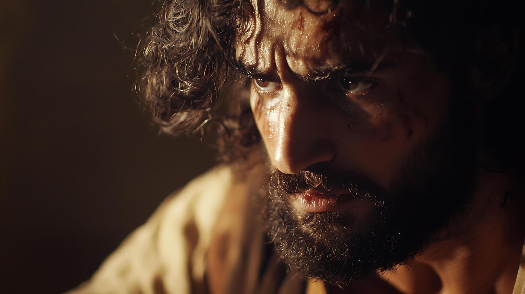 Intense Close Up Portrait of a Sweaty Man Under Dramatic Lighting. photo