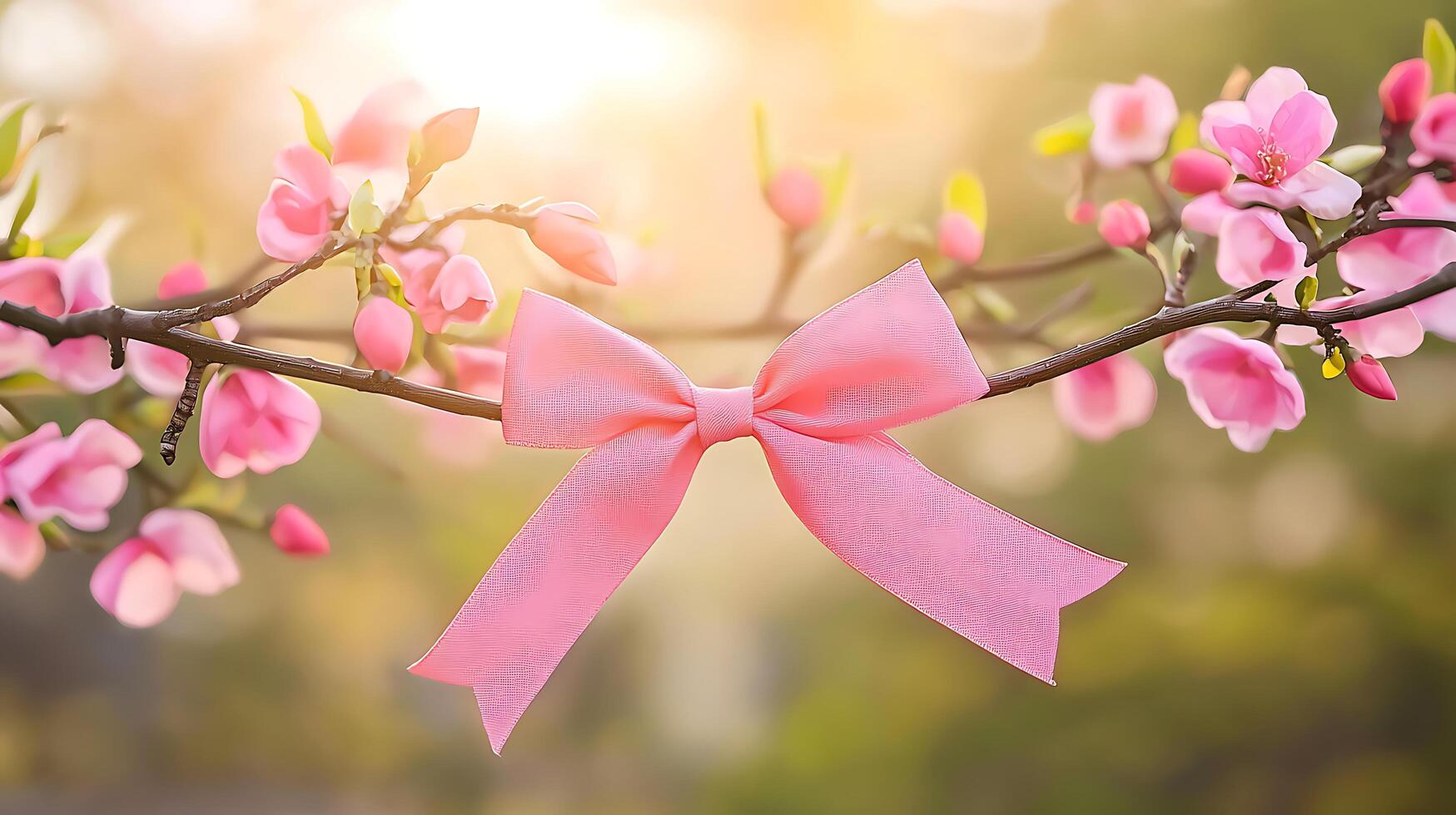 Pink Ribbon Adorned on a Blooming Branch with Soft Morning Sunlight. photo