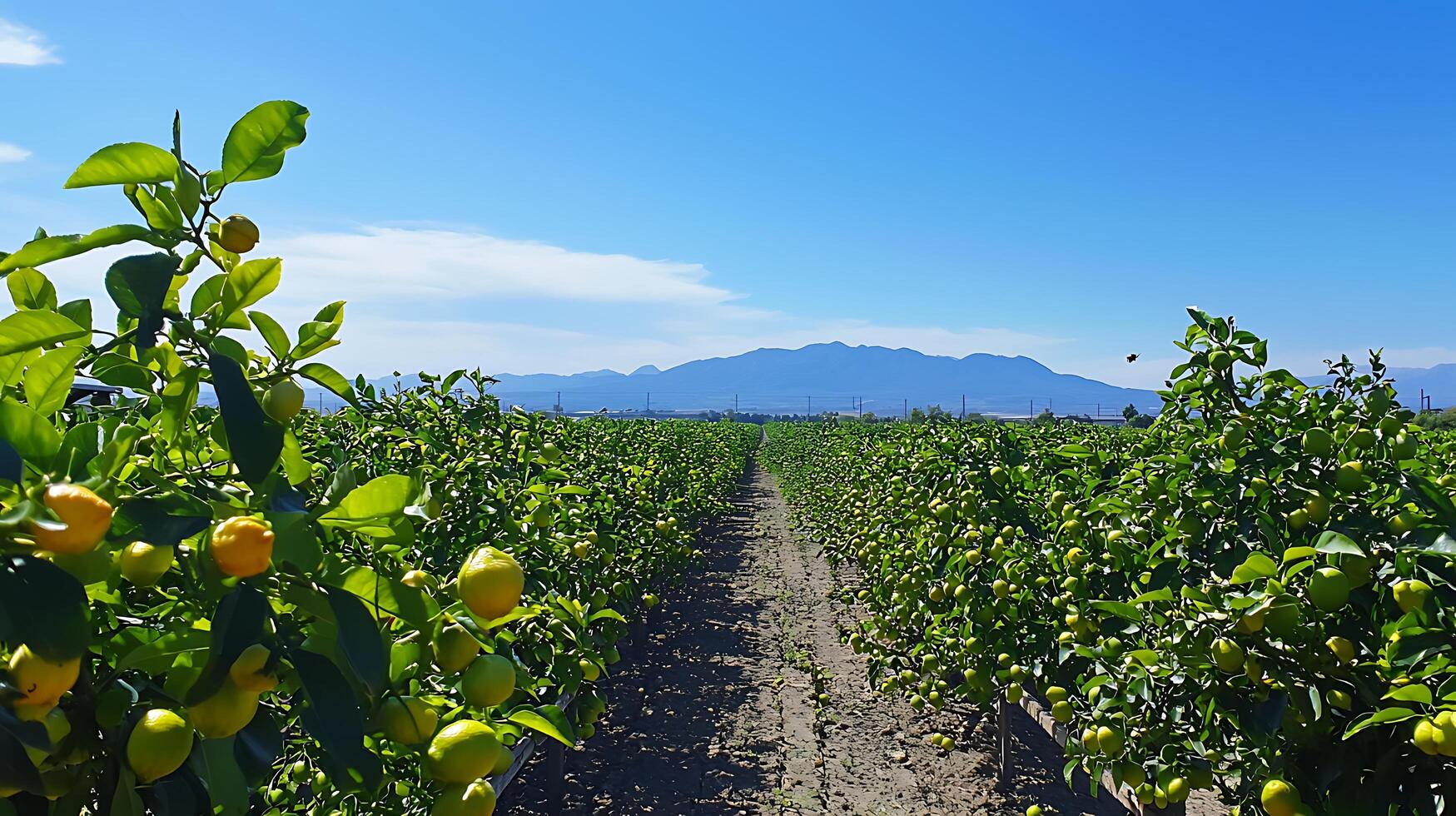 Rows of Fresh Lemons in a Sunny Orchard with Mountains in the Background. photo