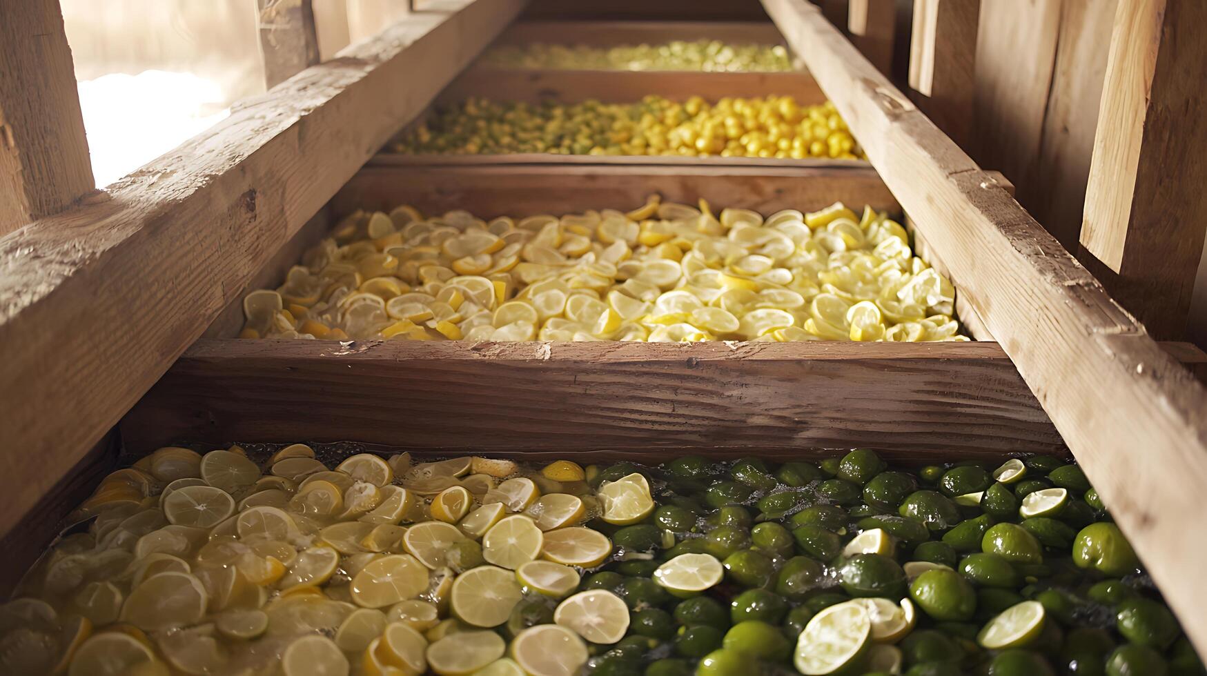 Fresh Lemons and Limes Preserved in Wooden Crates. photo
