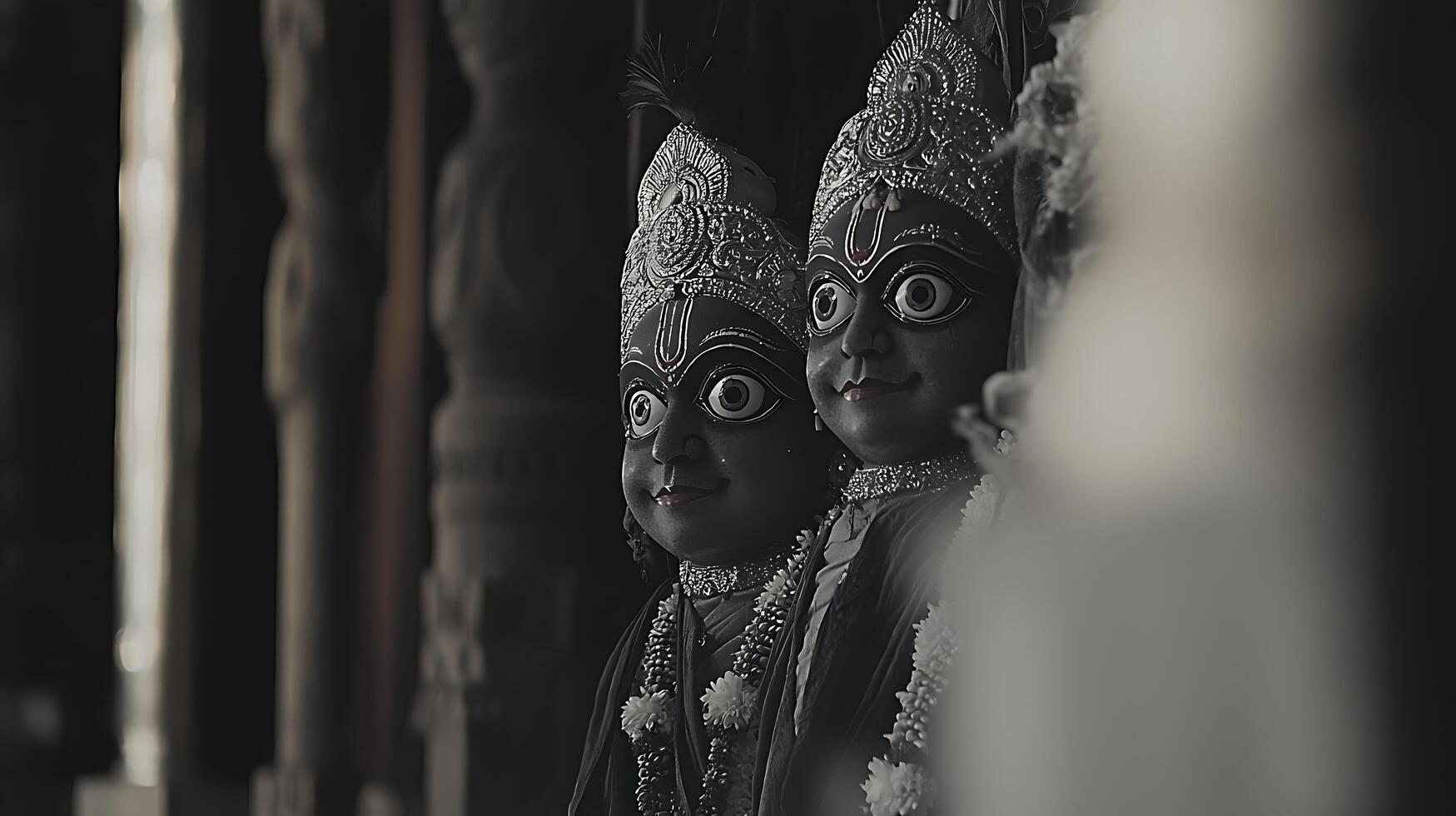 Intricate Temple Sculptures of Divine Figures with Ornate Headwear. photo