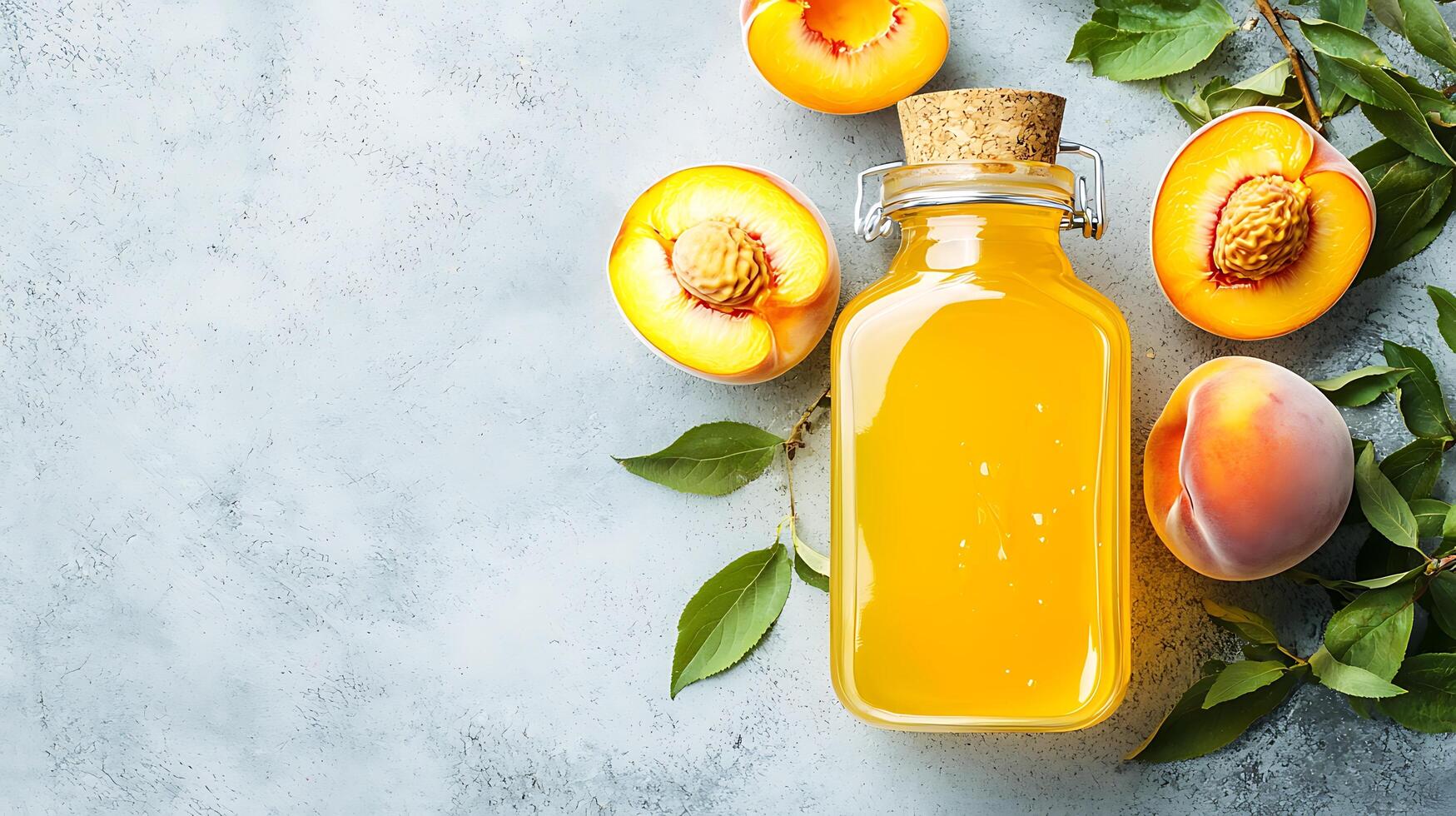 Fresh Peach Juice in Glass Bottle with Ripe Peaches and Green Leaves. photo