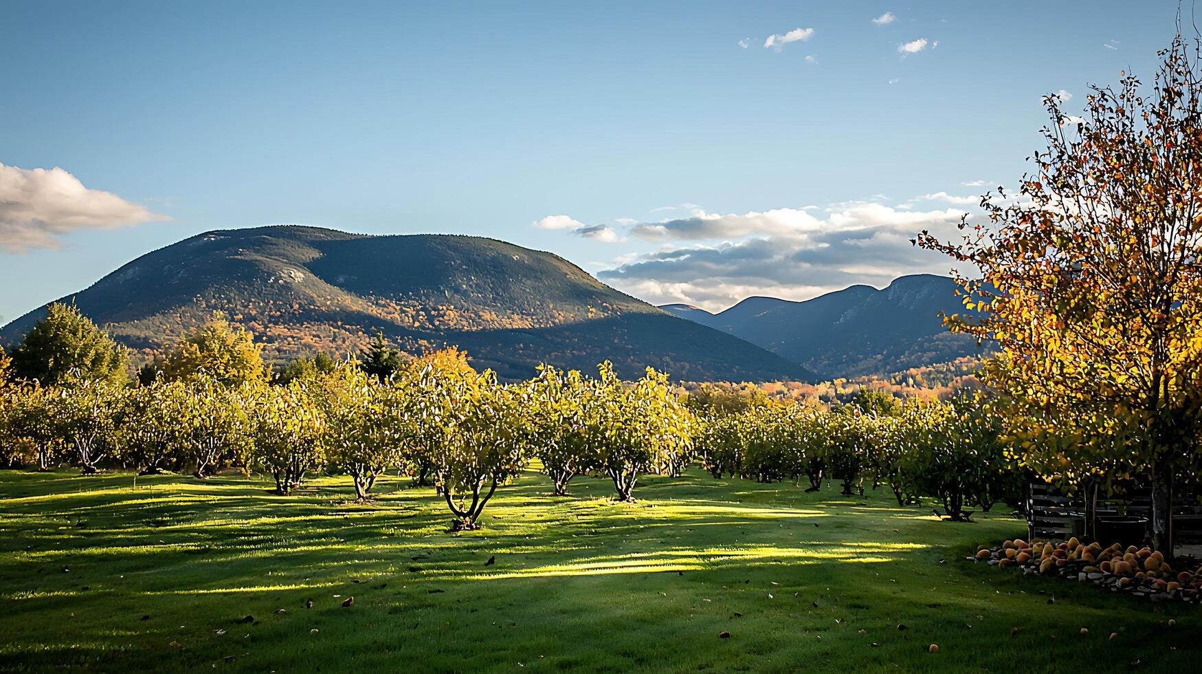 Golden Hour Orchard with Majestic Mountains and Autumn Foliage. photo