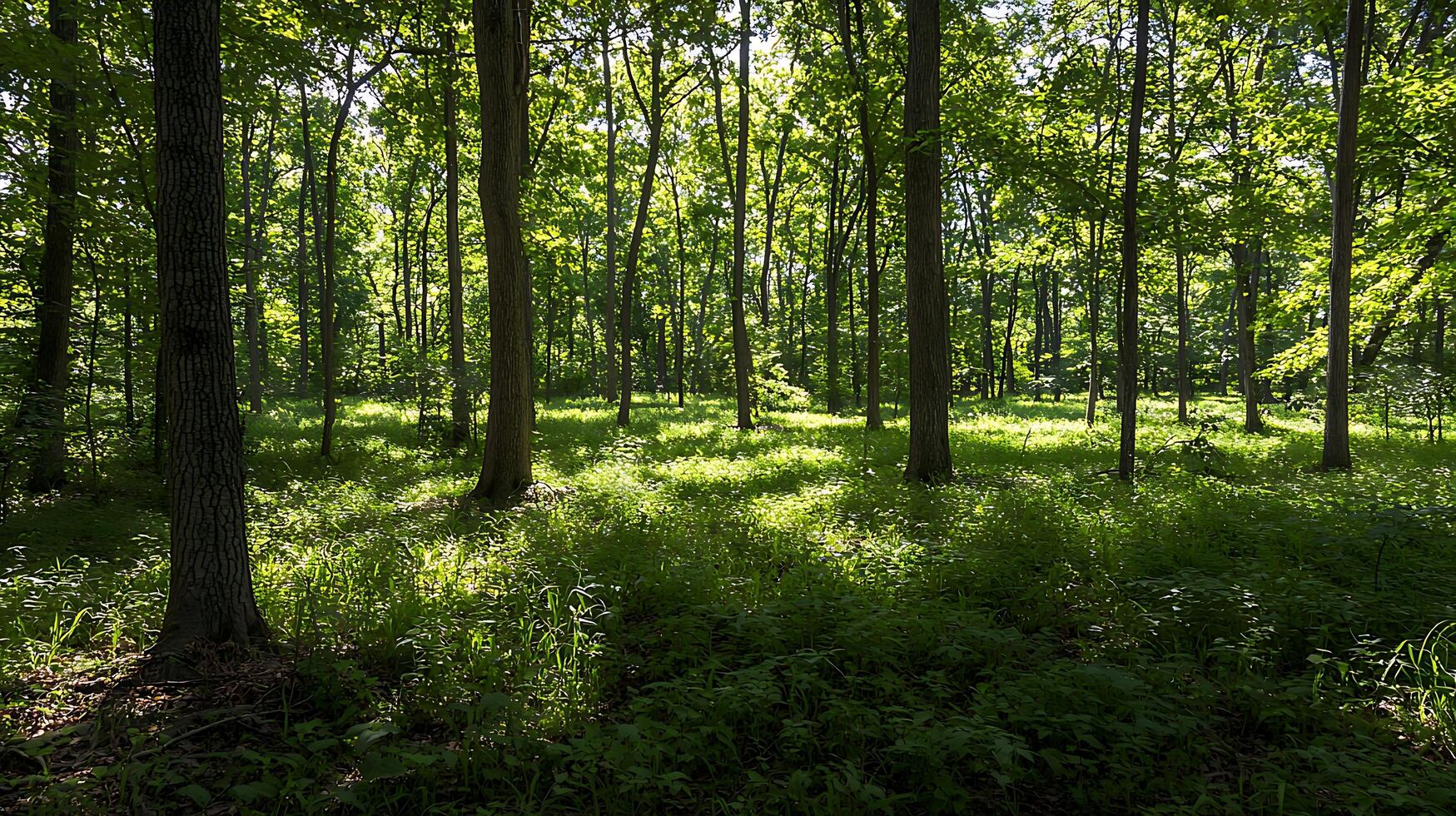 Sunlit Forest Path Through Lush Greenery and Towering Trees. photo