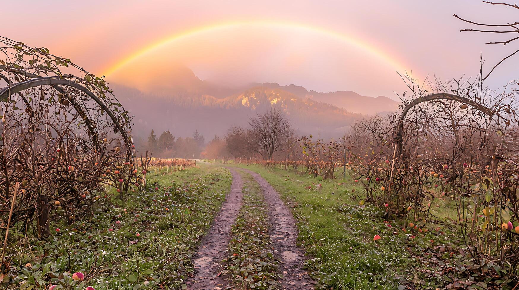 A Rainbow Over a Misty Mountain Landscape in an Autumn Orchard. photo