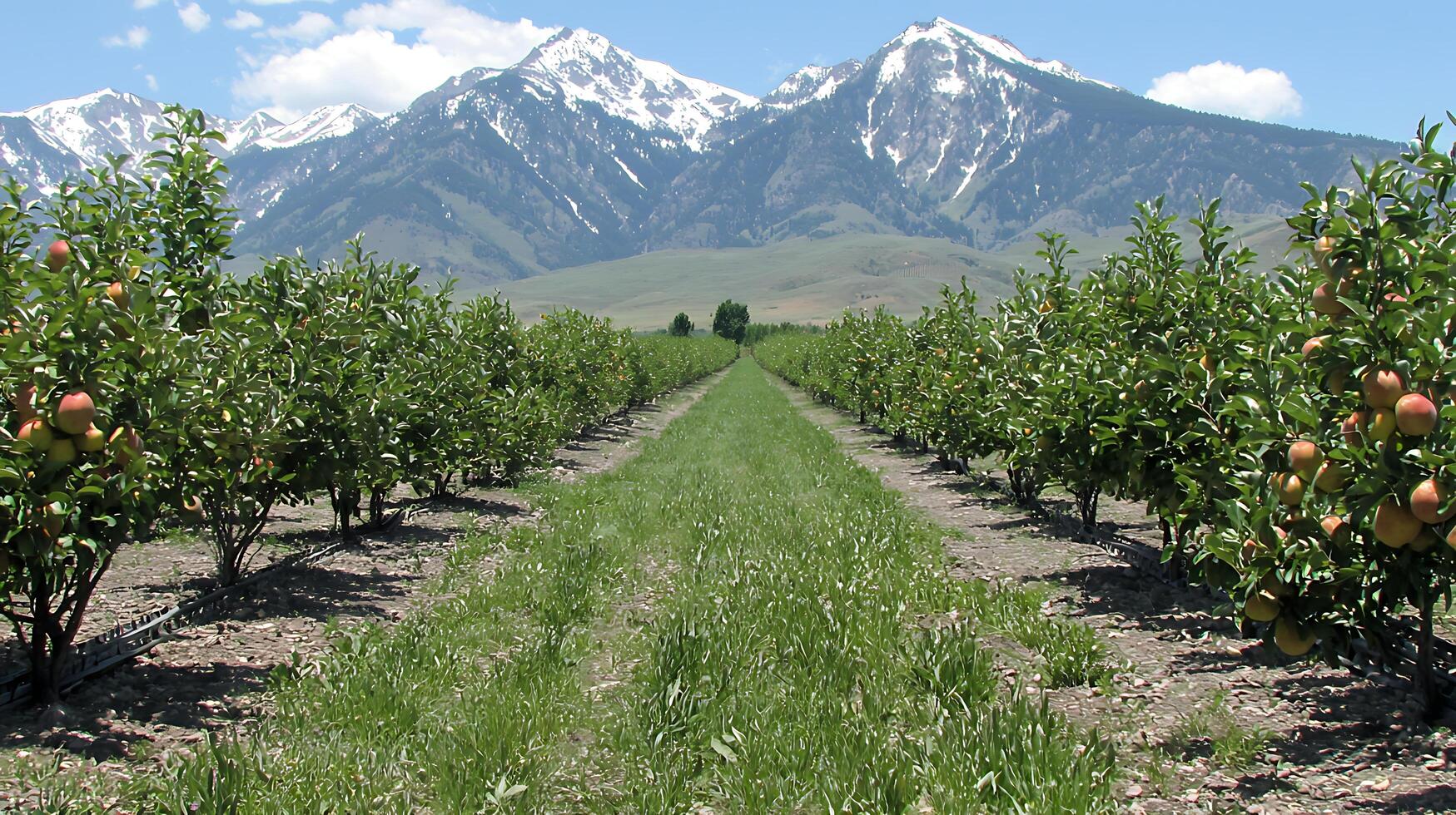 Rows of Ripe Apples Lead to Majestic Snow-Capped Mountains. photo