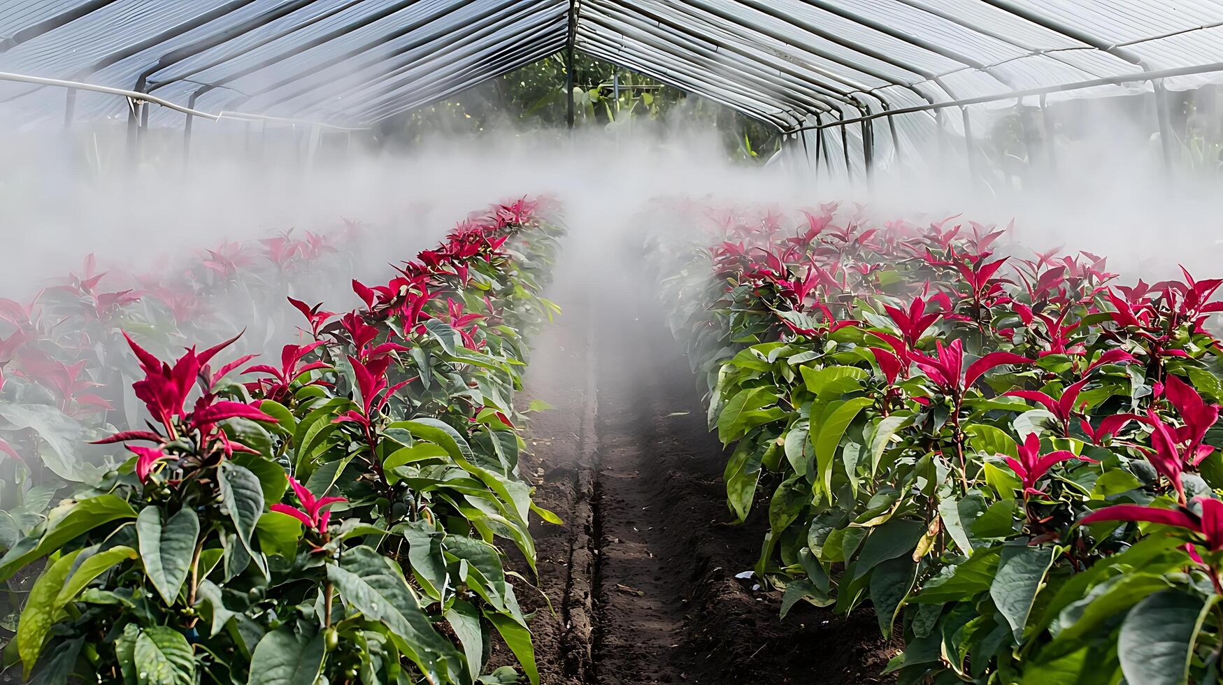 Mist filled greenhouse with rows of vibrant red poinsettias growing. photo