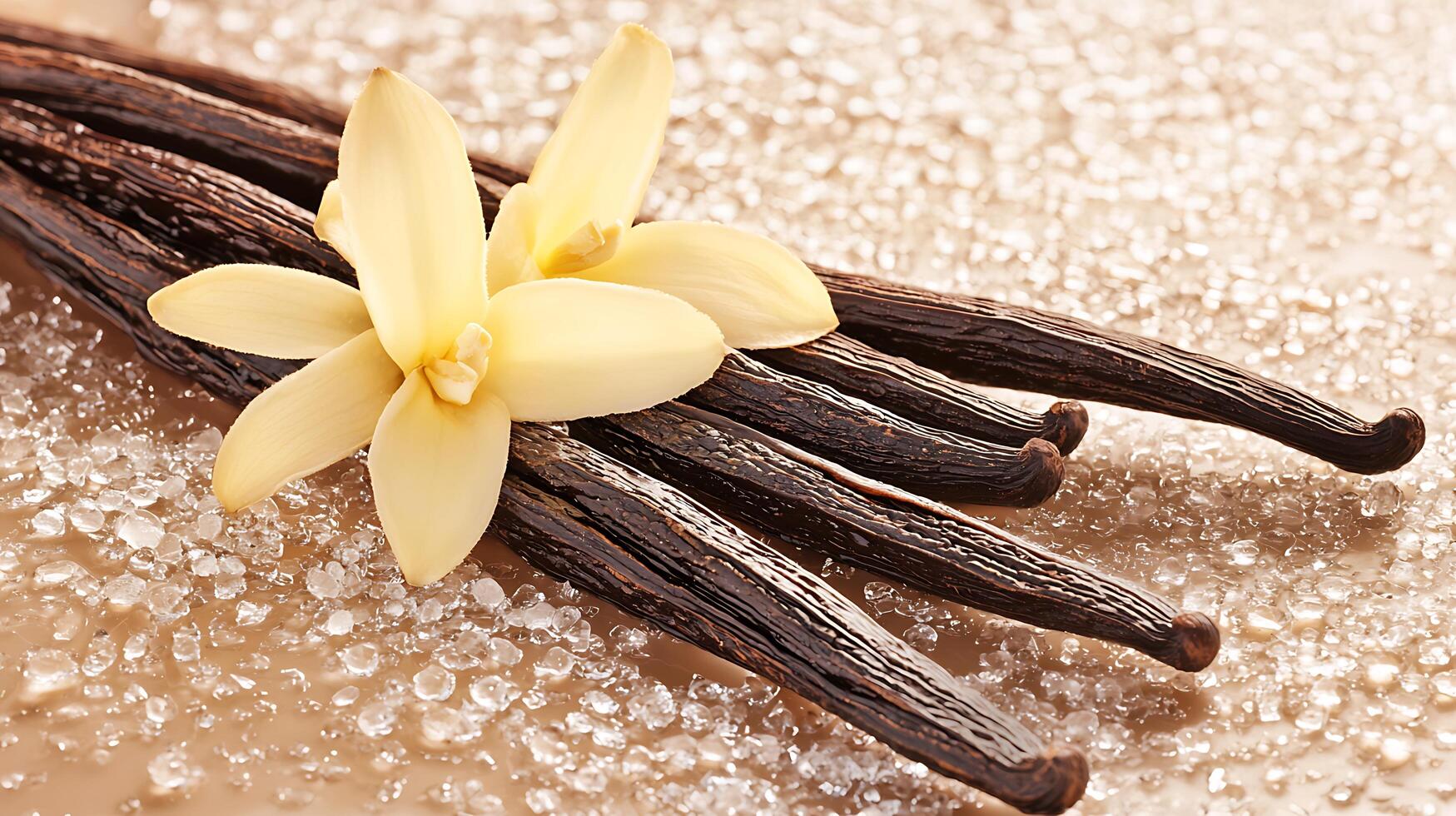 Fragrant Vanilla Pods and Delicate Flower on Sweet Sugar Crystals. photo