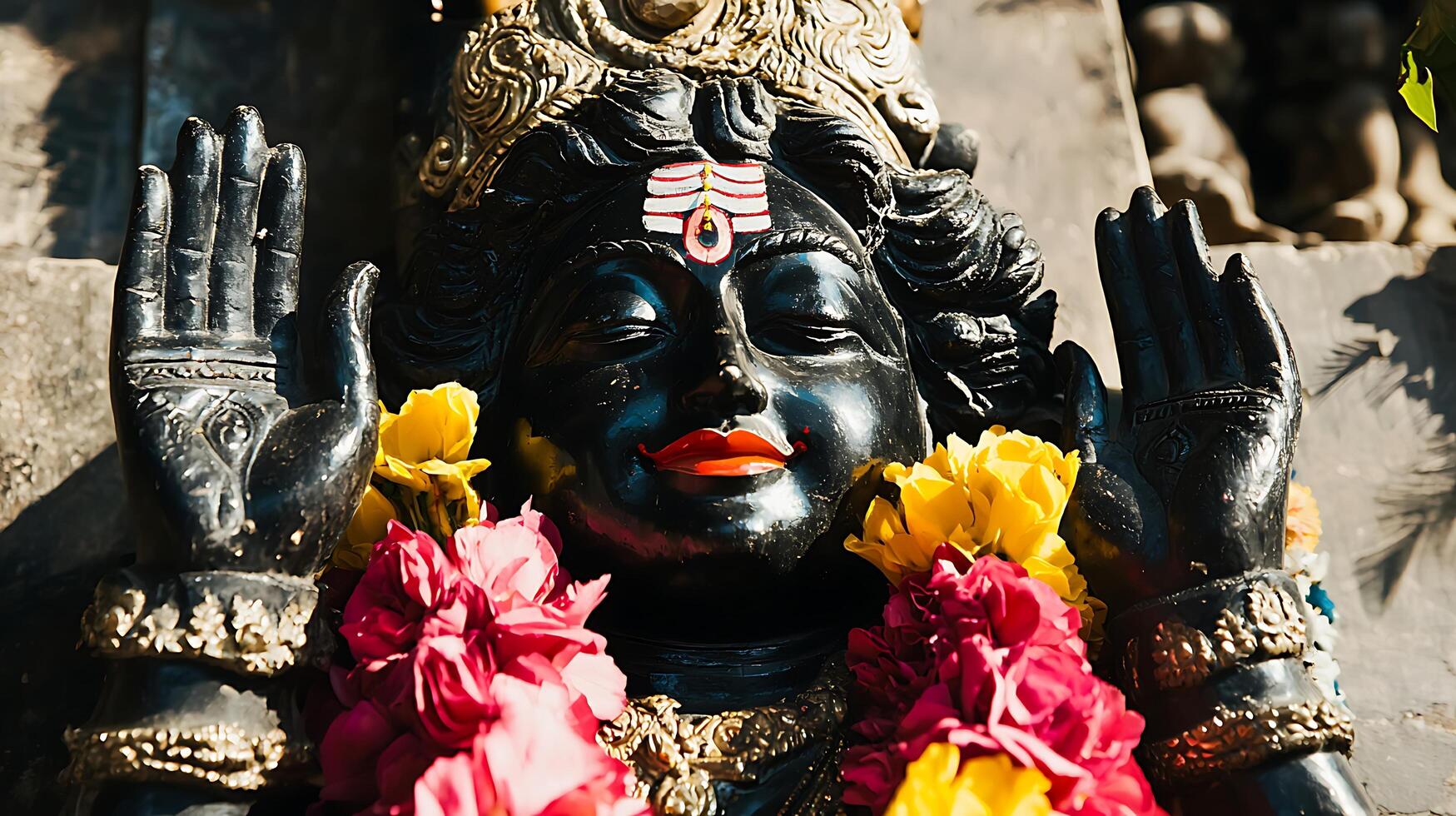 Serene Hindu Deity Statue Adorned with Vibrant Flower Garlands. photo