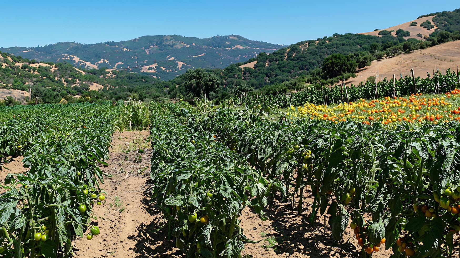Lush tomato farm thrives under a clear blue summer sky in the countryside. photo