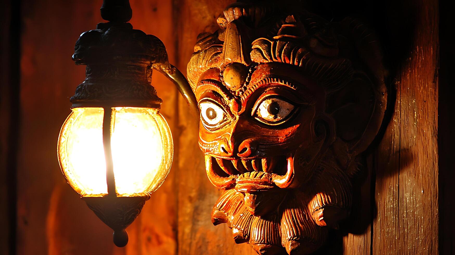Eerie Guardian Mask Lit by Vintage Lamp on Wooden Wall. photo