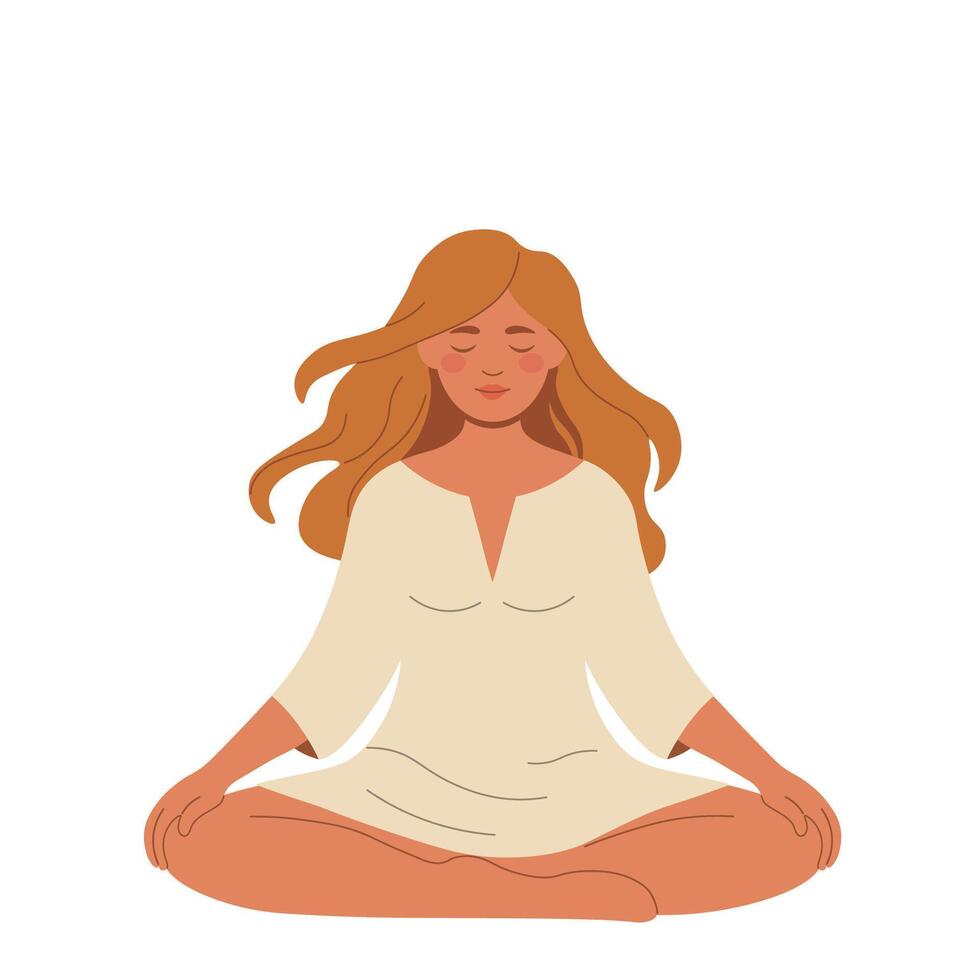 Girl in lotus position on white background, flat style, minimalism, isolate on white, pastel colors vector