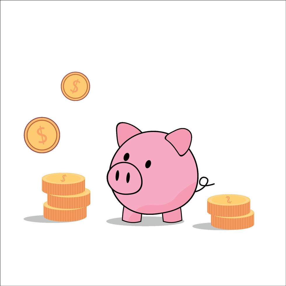 Piggy bank and gold coins on white background, flat style, minimalism, isolate on white vector