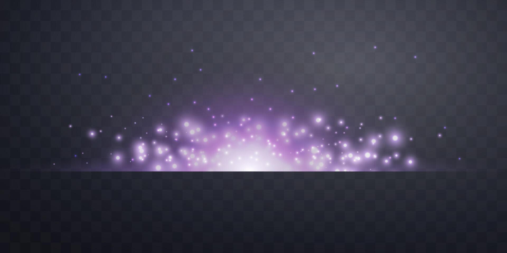 Purple horizontal lensflare. Light flash with rays or violet spotlight and bokeh. Glow flare light effect. illustration on dark background. vector