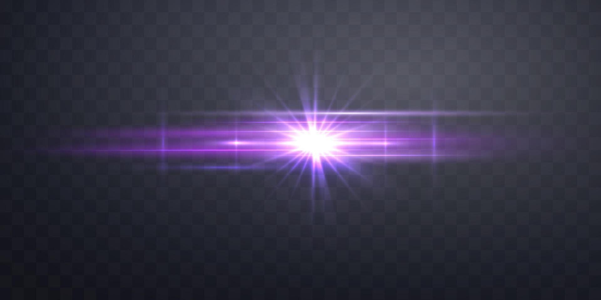 Purple horizontal lensflare. Light flash with rays or violet spotlight and bokeh. Glow flare light effect. illustrati on dark background. vector