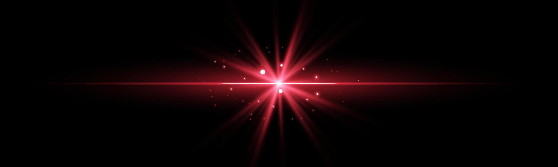 Red horizontal laser beam. Light lensflare. Red glow flare light effect. illustration on dark background. vector