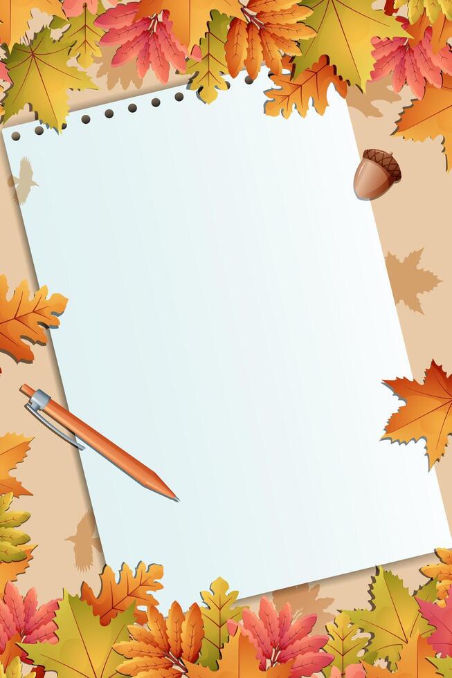 autumn vertical background layout with copy space on paper note and pen vector