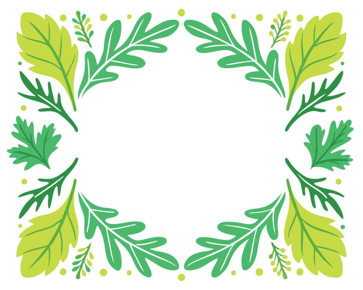 Decorative frame composed of stylized green and yellow leaves bordering a white background vector