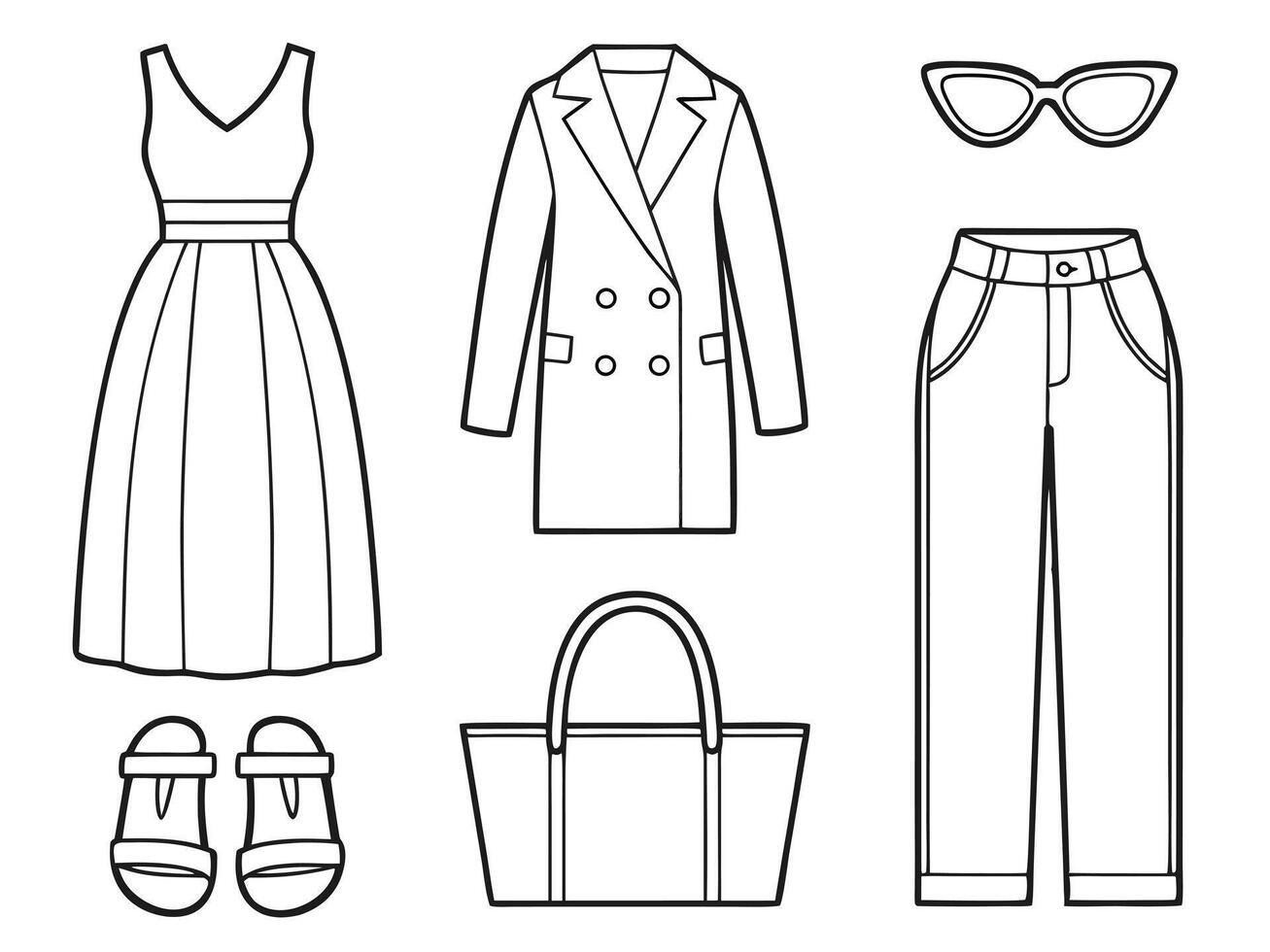 Outlined fashion elements including dress coat pants sunglasses sandals and tote bag for design vector