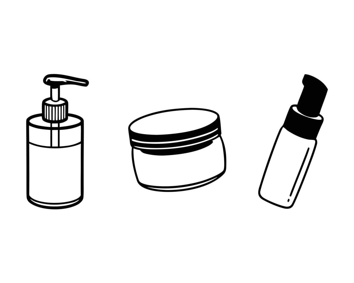 Black and white outline illustration of skincare products featuring dispenser, jar, and pump bottle vector