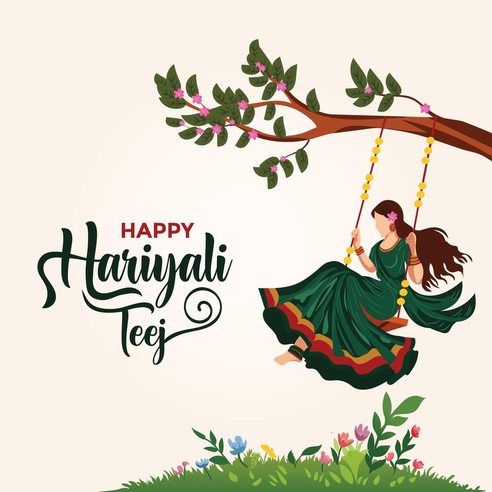 Woman on swing celebrating Hariyali Teej vector