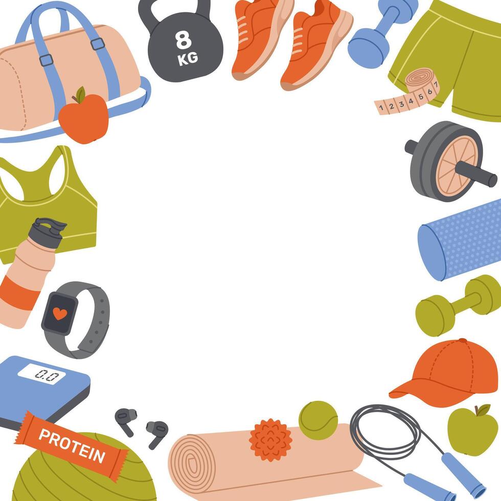 Fitness and health banner with square frame made of sports equipment. Healthy lifestyle elements. Template for postcard, poster, flyer, social media. Flat illustration on white vector