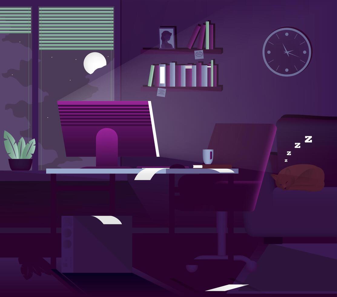 Cartoon Color Night Home Office Interior Inside Concept. vector