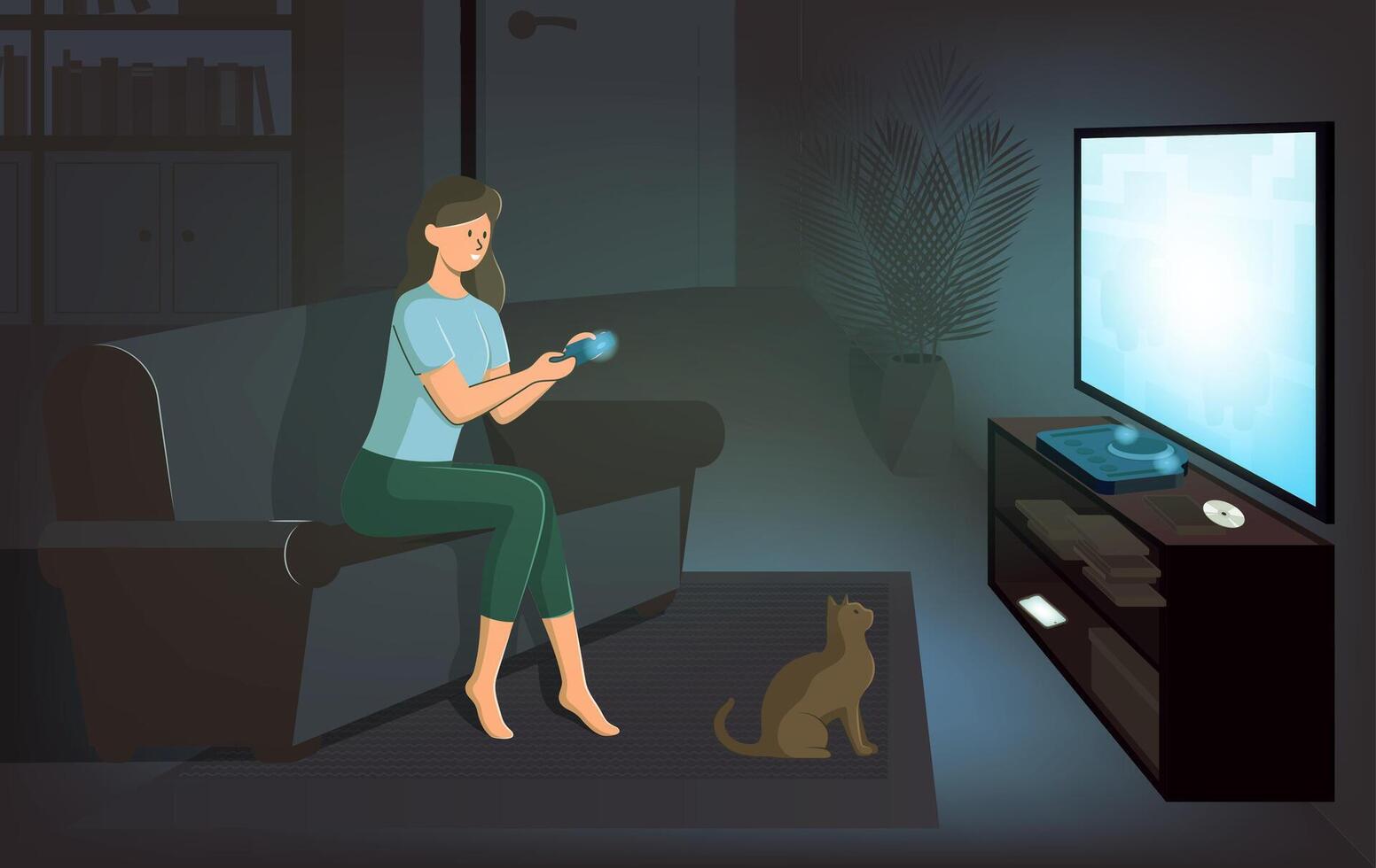Cartoon Color Character Girl Playing Game Concept. vector