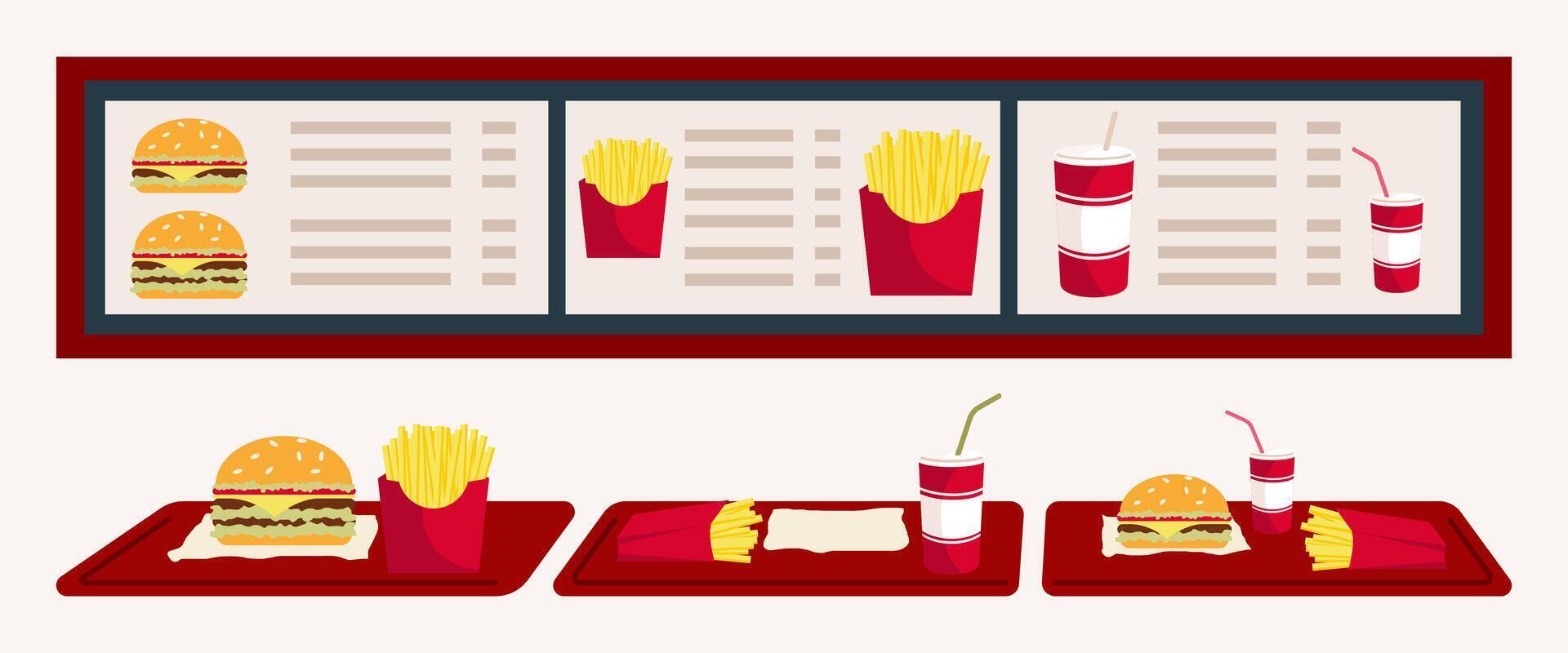 Cartoon Color Menu and Different Types Fast Food Set. vector