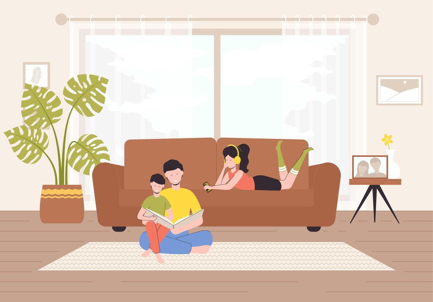 Cartoon Color Characters Daddy and Kids Spends Time Home Concept. vector